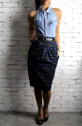 Hudson Midi Tartan Skirt - Navy/Green Tartan