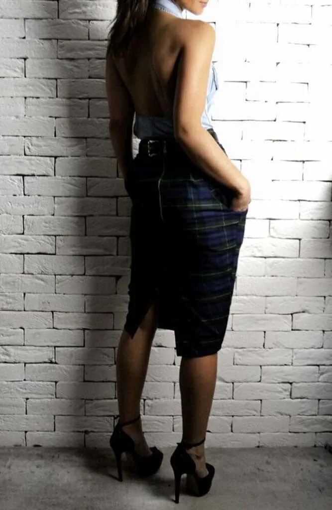 Hudson Midi Tartan Skirt - Navy/Green Tartan