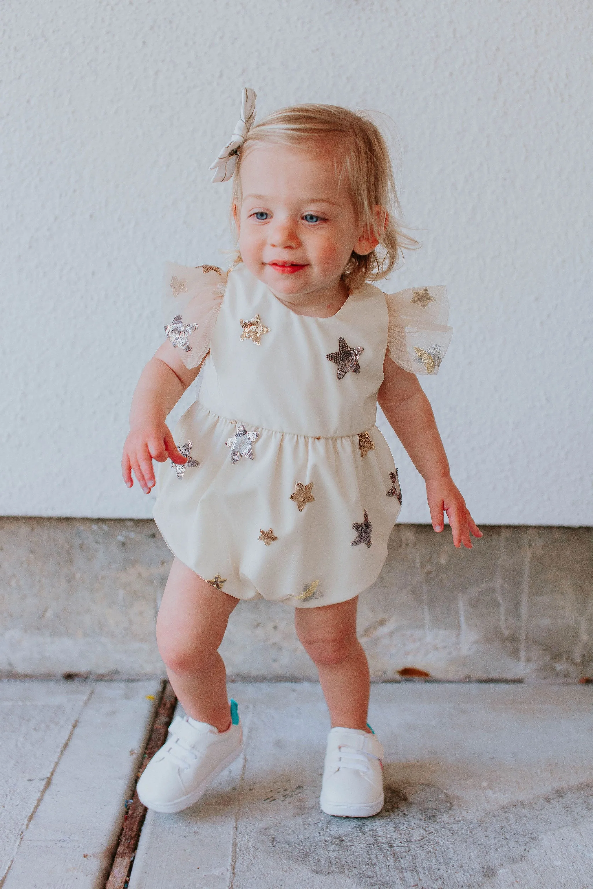 Infant Girl's Ivory Soft Tulle Lace Sequined Stars Bubble Romper