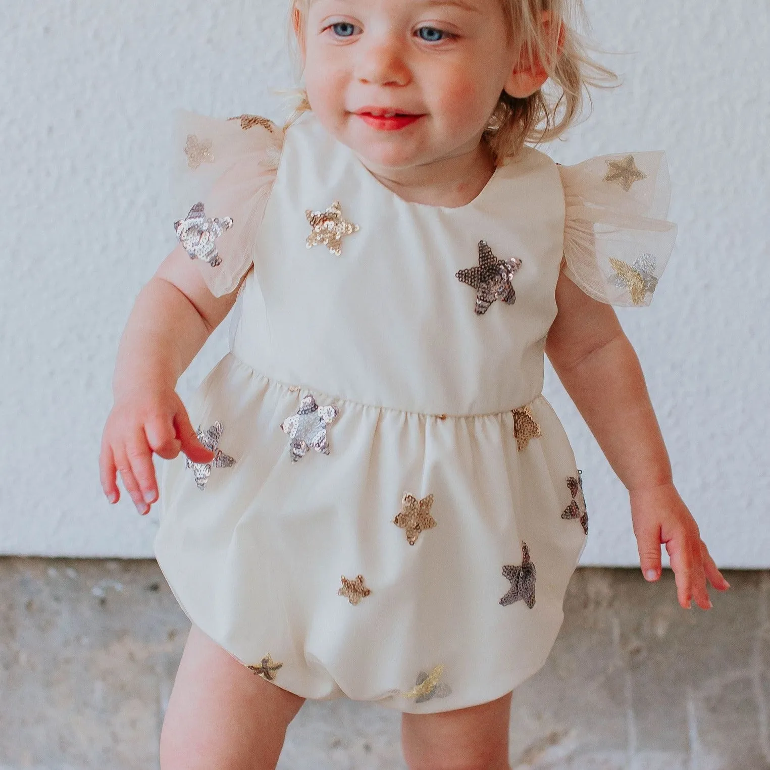 Infant Girl's Ivory Soft Tulle Lace Sequined Stars Bubble Romper