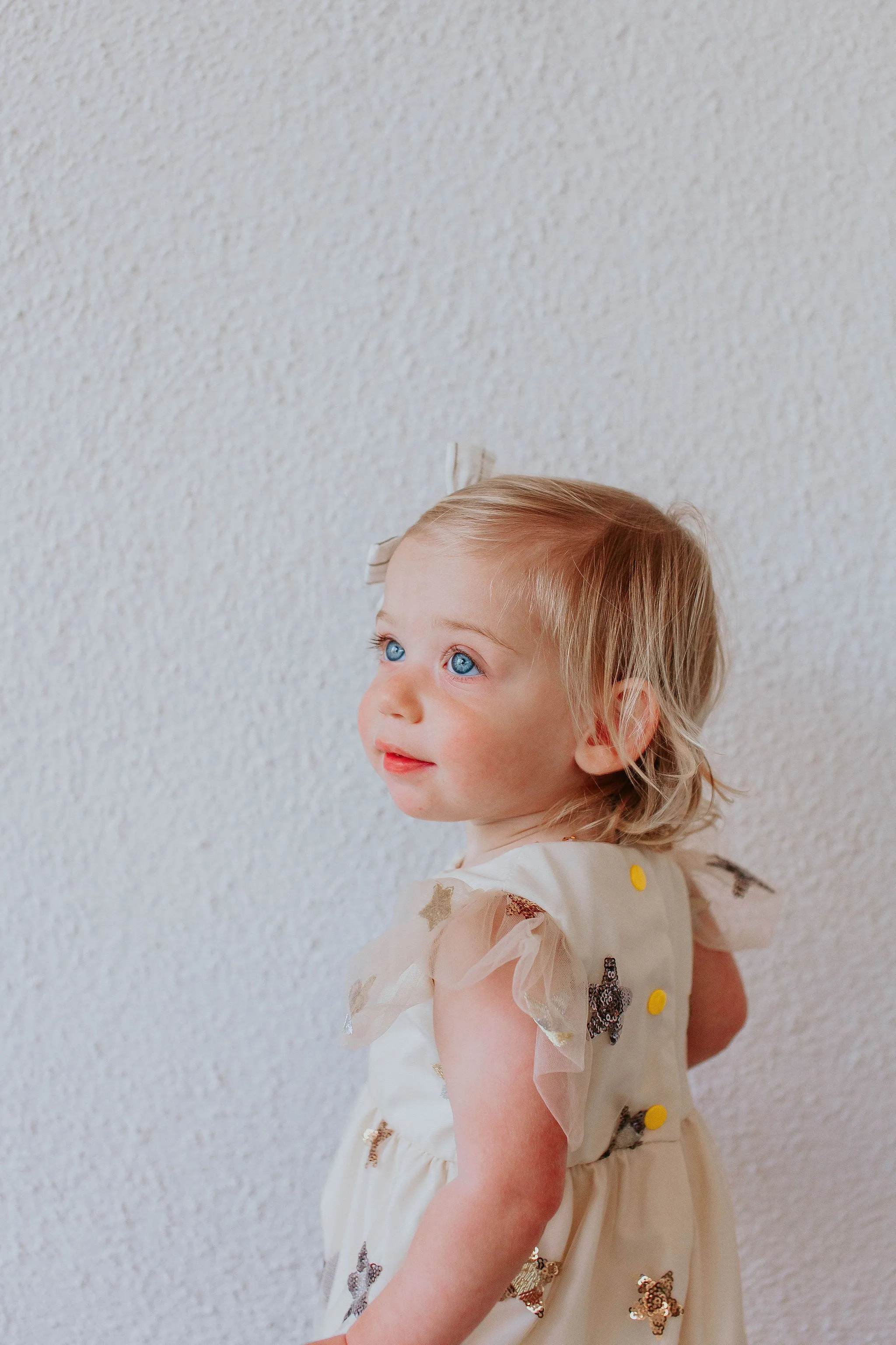 Infant Girl's Ivory Soft Tulle Lace Sequined Stars Bubble Romper