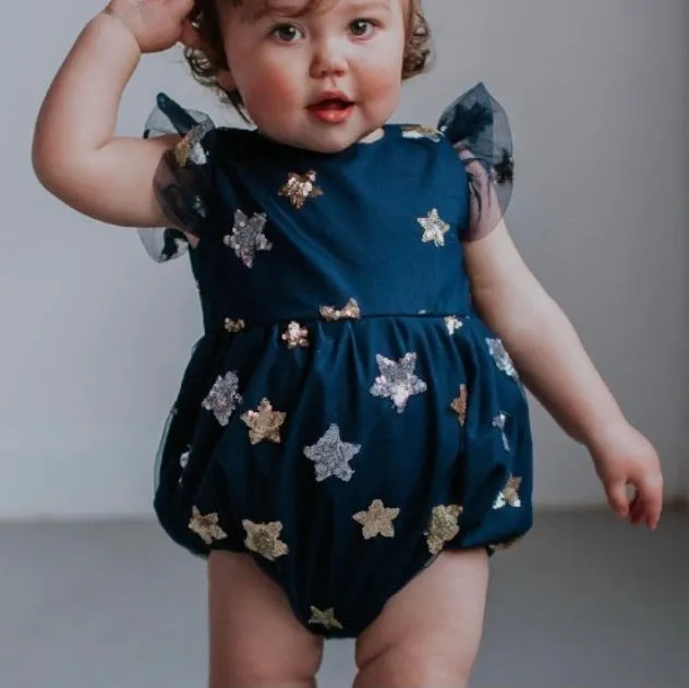 Infant Girl's Navy Soft Tulle Lace Sequined Stars Bubble Romper