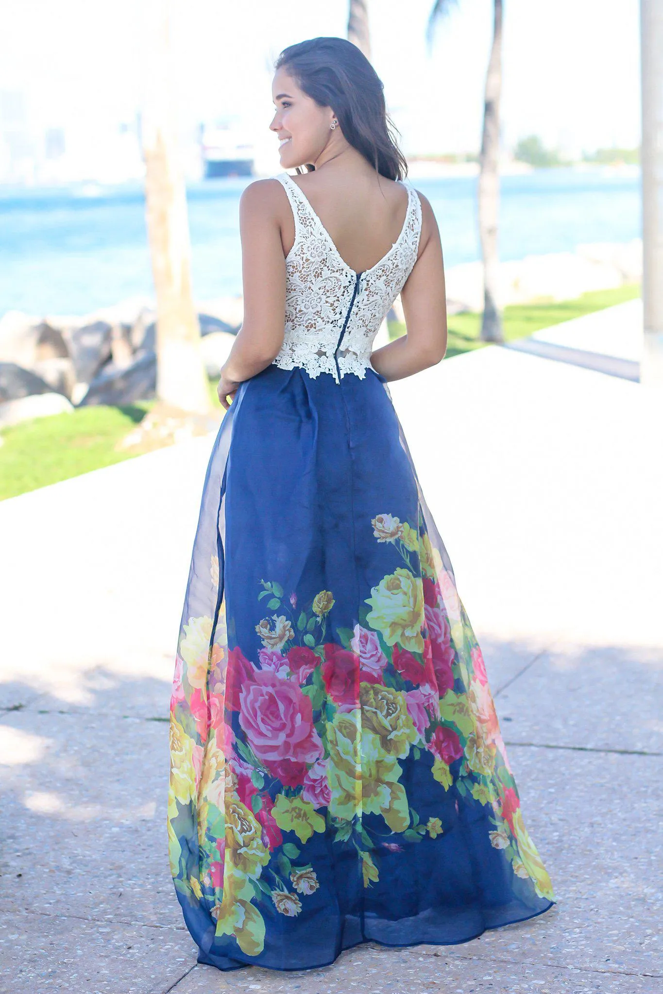 Ivory and Navy Floral Maxi Dress