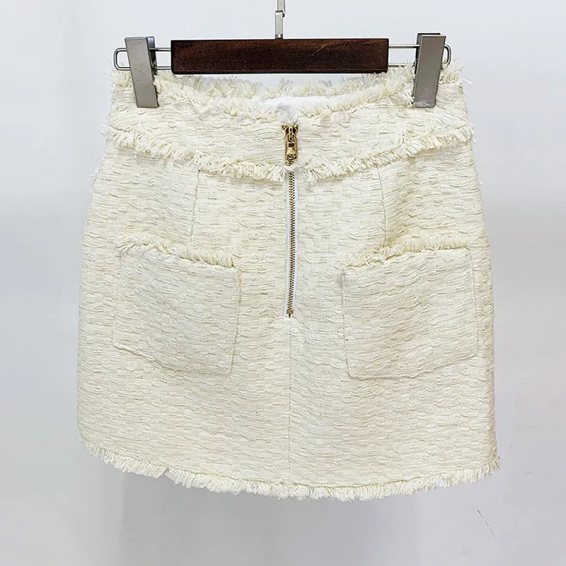 Ivory Tweed Crop Top Jacket   Mini Skirt Suit