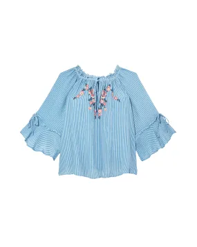 Jonie Flare Sleeve Tie Neck Blouse | Azure Blue / White