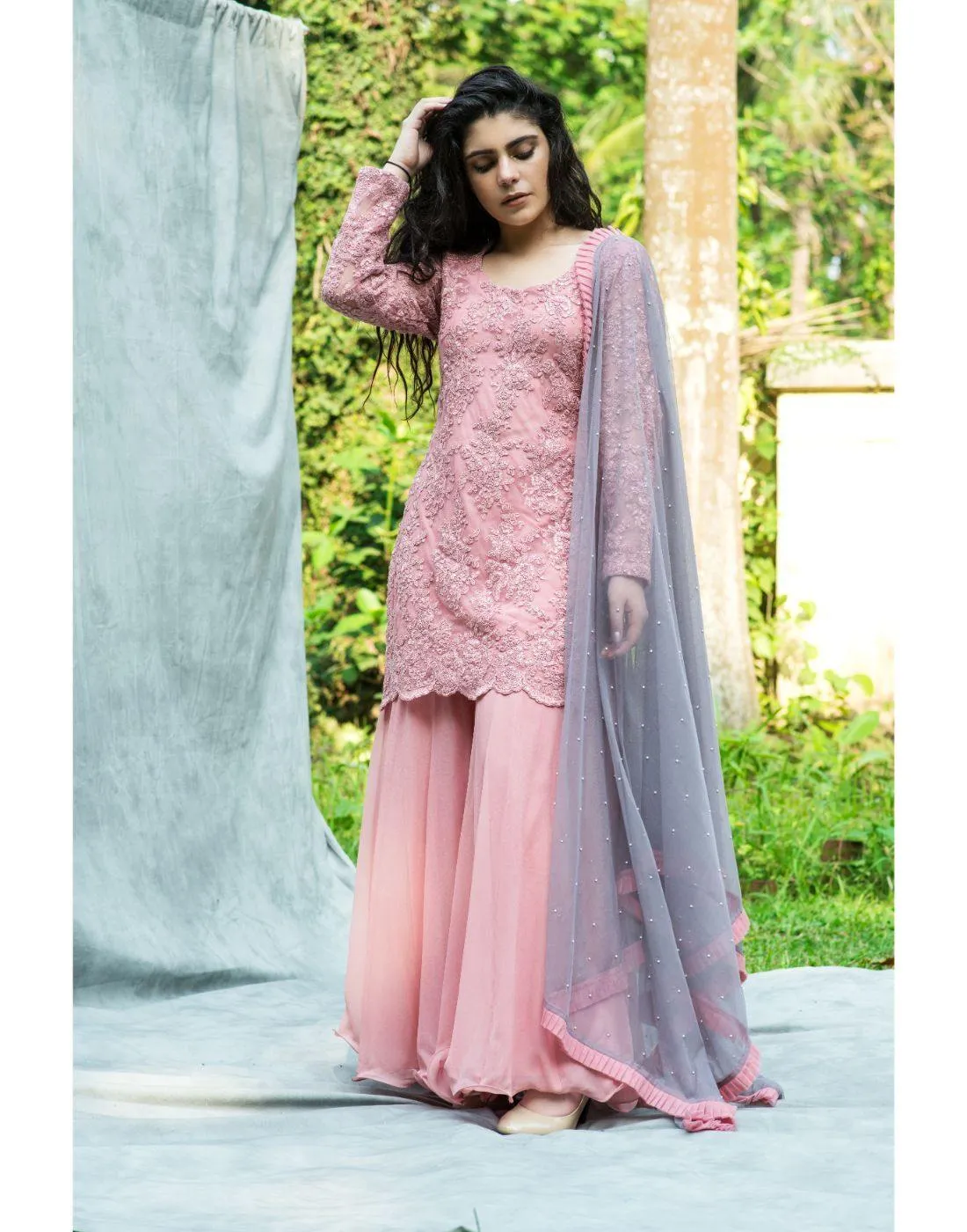 KAIRA's Rent Baby Pink Sharara Set with Purple Dupatta