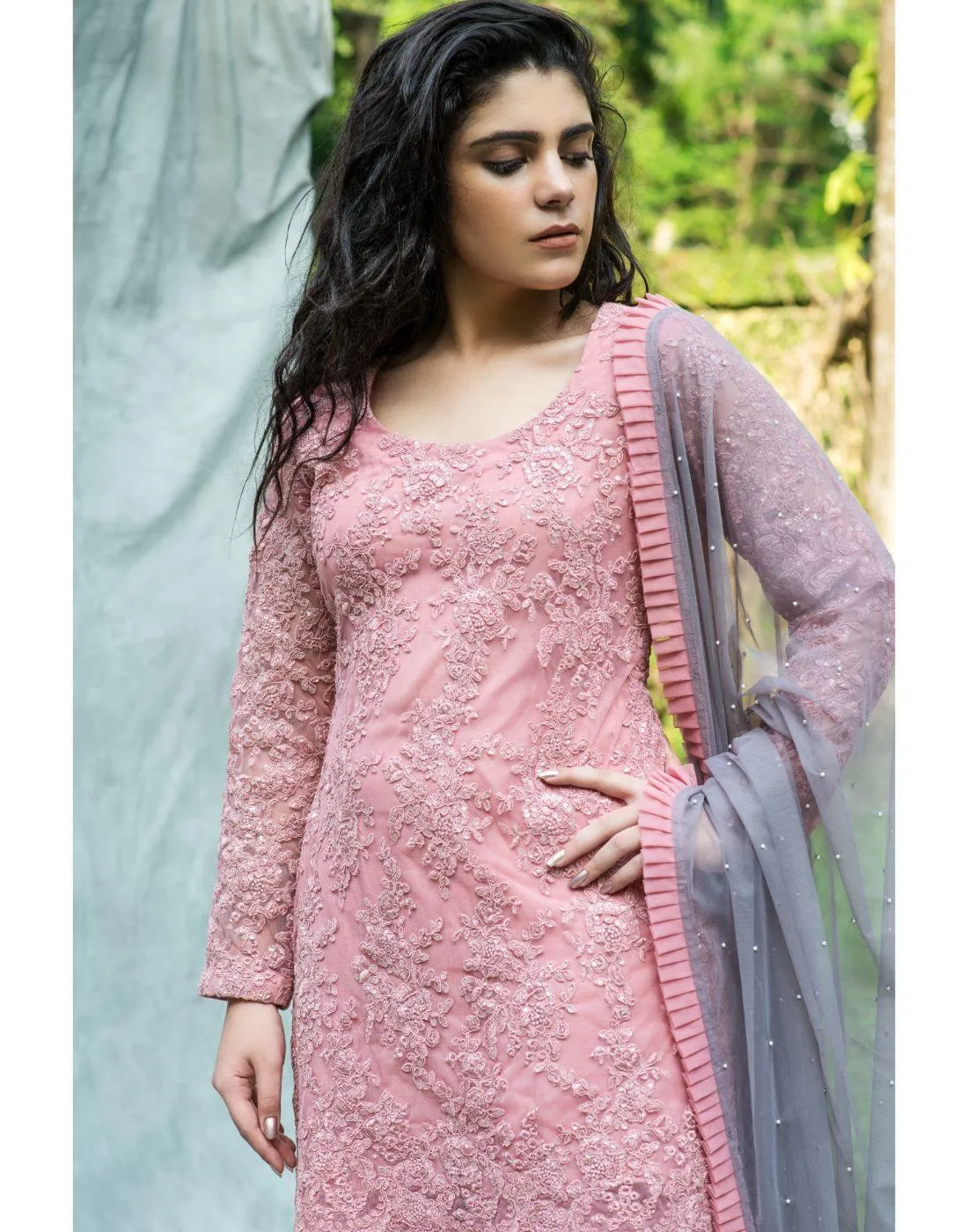 KAIRA's Rent Baby Pink Sharara Set with Purple Dupatta