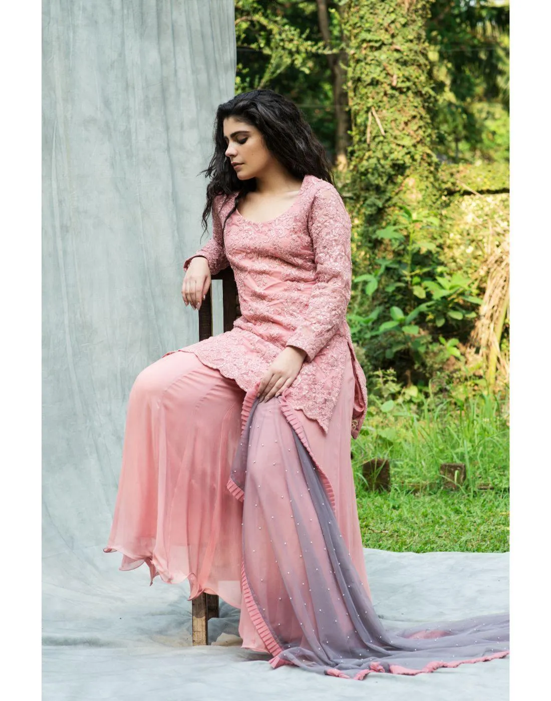 KAIRA's Rent Baby Pink Sharara Set with Purple Dupatta