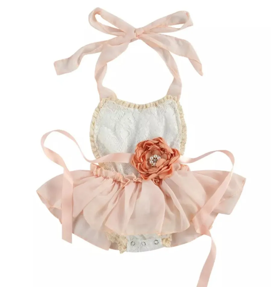 Lace Ruffle Romper with Floral Belt/Headband #1000470