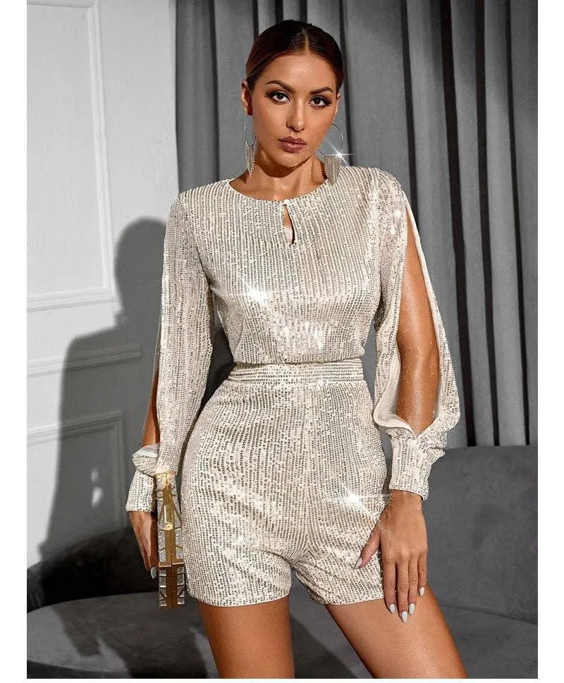 Ladies Jumpsuit Sequined Split Long Sleeve Romper R9065