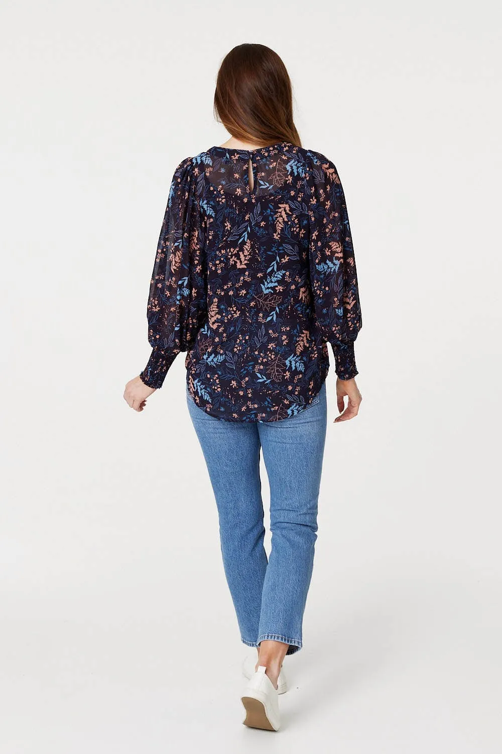 Leaf Print Semi Sheer Blouse