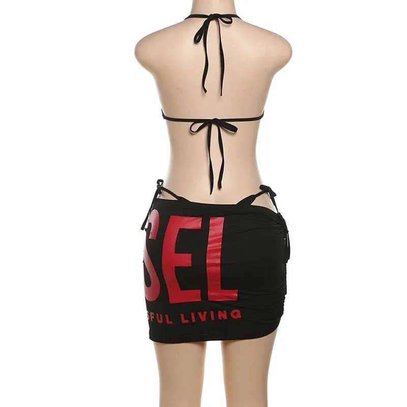 Letter print halter self tie ruched drawstring mini skirt set