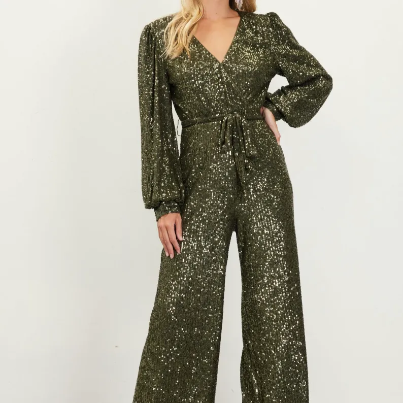 Life of the Party Sequined Wrap Tie Jumpsuit