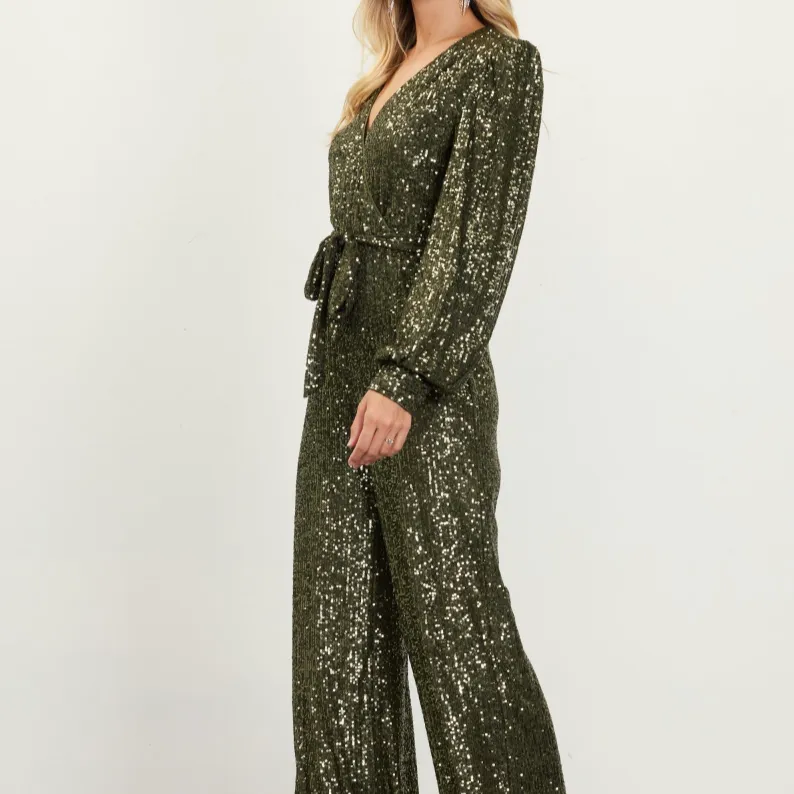 Life of the Party Sequined Wrap Tie Jumpsuit