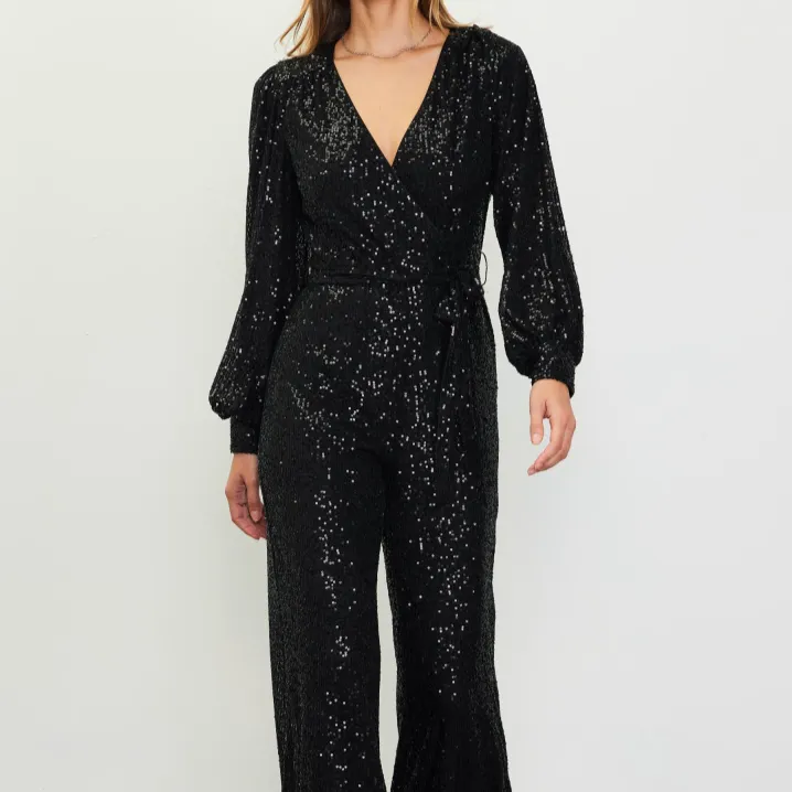 Life of the Party Sequined Wrap Tie Jumpsuit