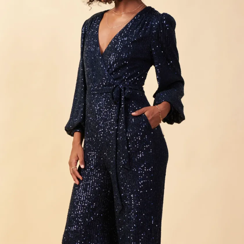 Life of the Party Sequined Wrap Tie Jumpsuit