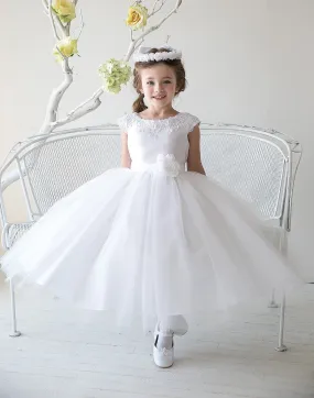 Lustrous Satin and Tulle Dress with Crochet Trim and Flower - White