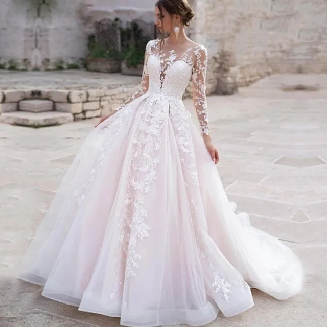 Luxury Pink Long Lace Sleeve Royal Train Bride Wedding Gown Vestido De Novia Princess