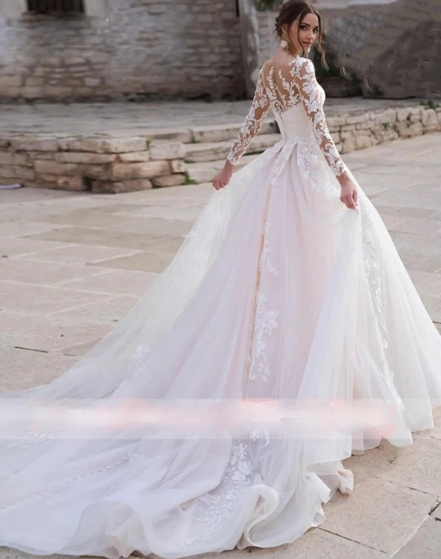 Luxury Pink Long Lace Sleeve Royal Train Bride Wedding Gown Vestido De Novia Princess