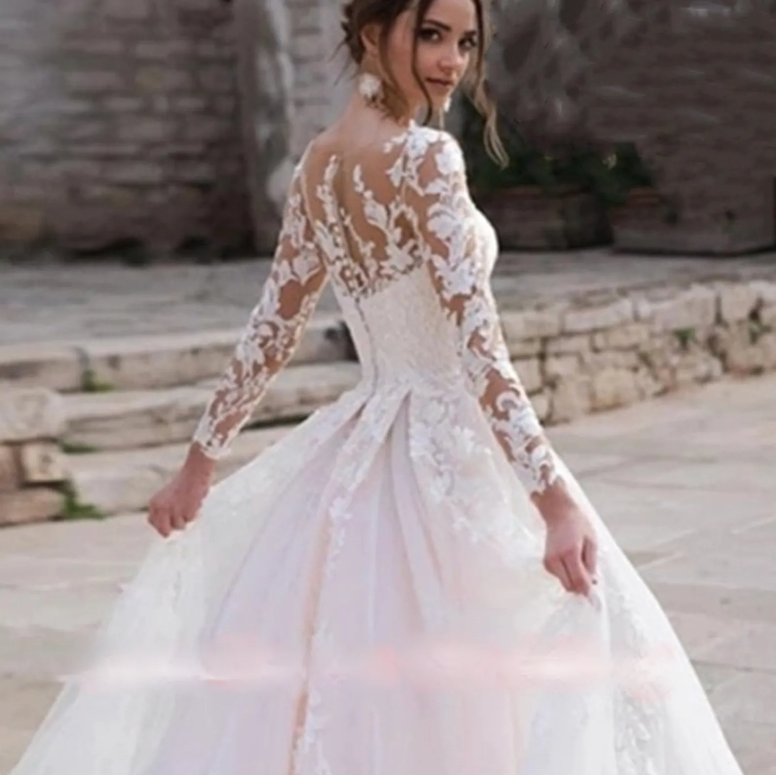 Luxury Pink Long Lace Sleeve Royal Train Bride Wedding Gown Vestido De Novia Princess