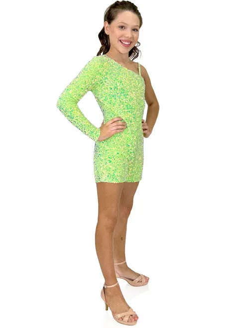 Marc Defang 8048K Size 2 Girls Neon Green Pageant Romper Velvet Sequined One Shoulder Long Sleeve Fun Fashion