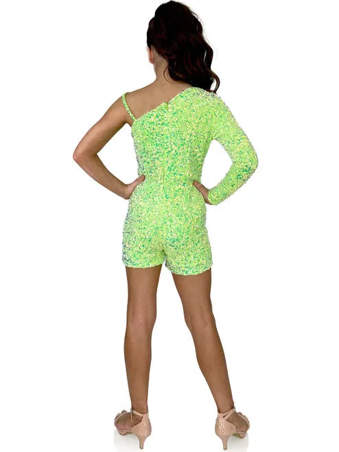 Marc Defang 8048K Size 2 Girls Neon Green Pageant Romper Velvet Sequined One Shoulder Long Sleeve Fun Fashion