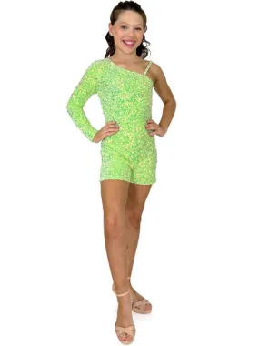 Marc Defang 8048K Size 2 Girls Neon Green Pageant Romper Velvet Sequined One Shoulder Long Sleeve Fun Fashion