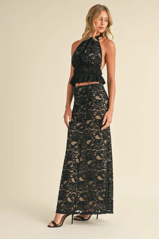 Margot Sleeveless Lace Halter Top And Maxi Skirt Set Black