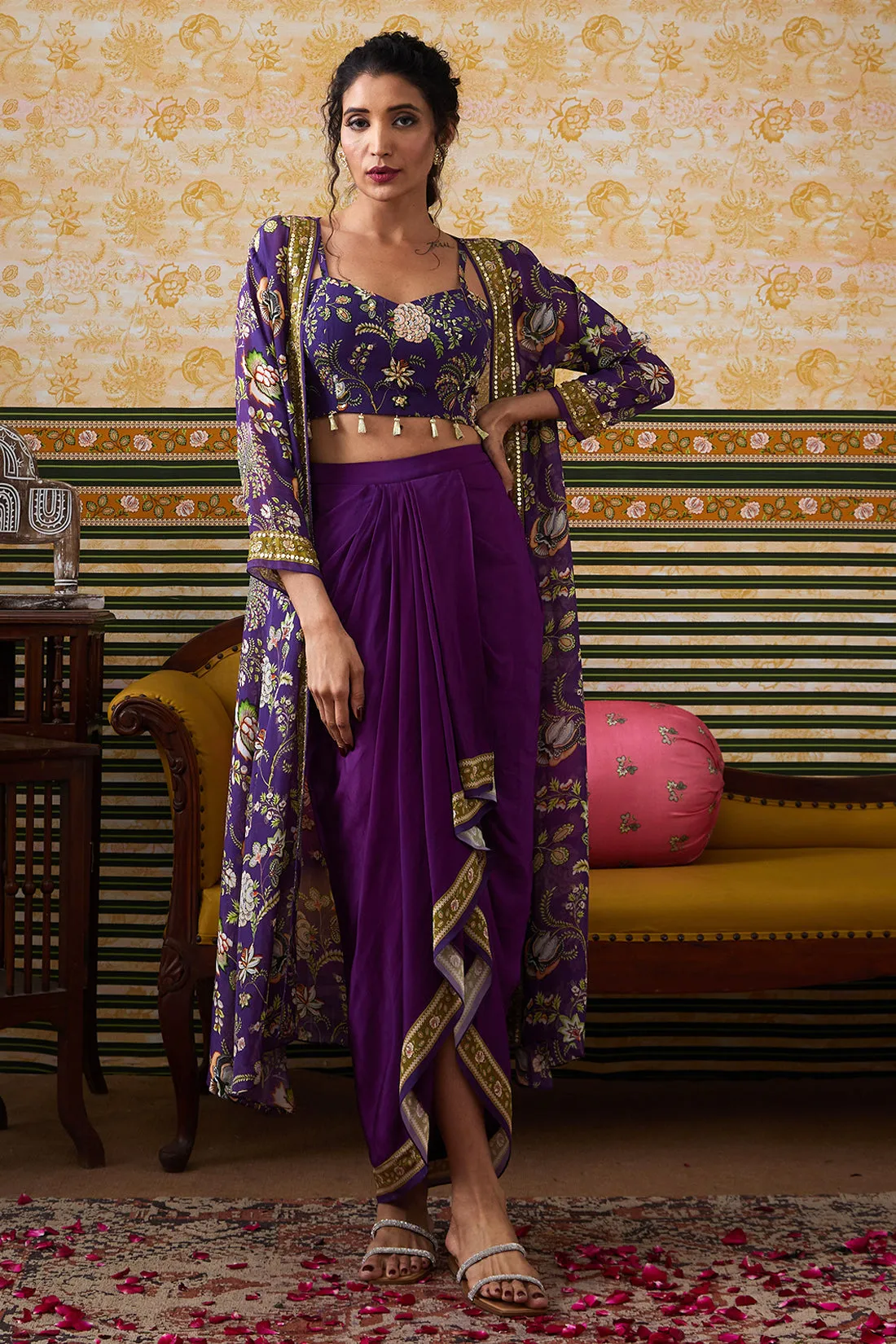 Mehr Printed Drape Skirt Set With Jacket