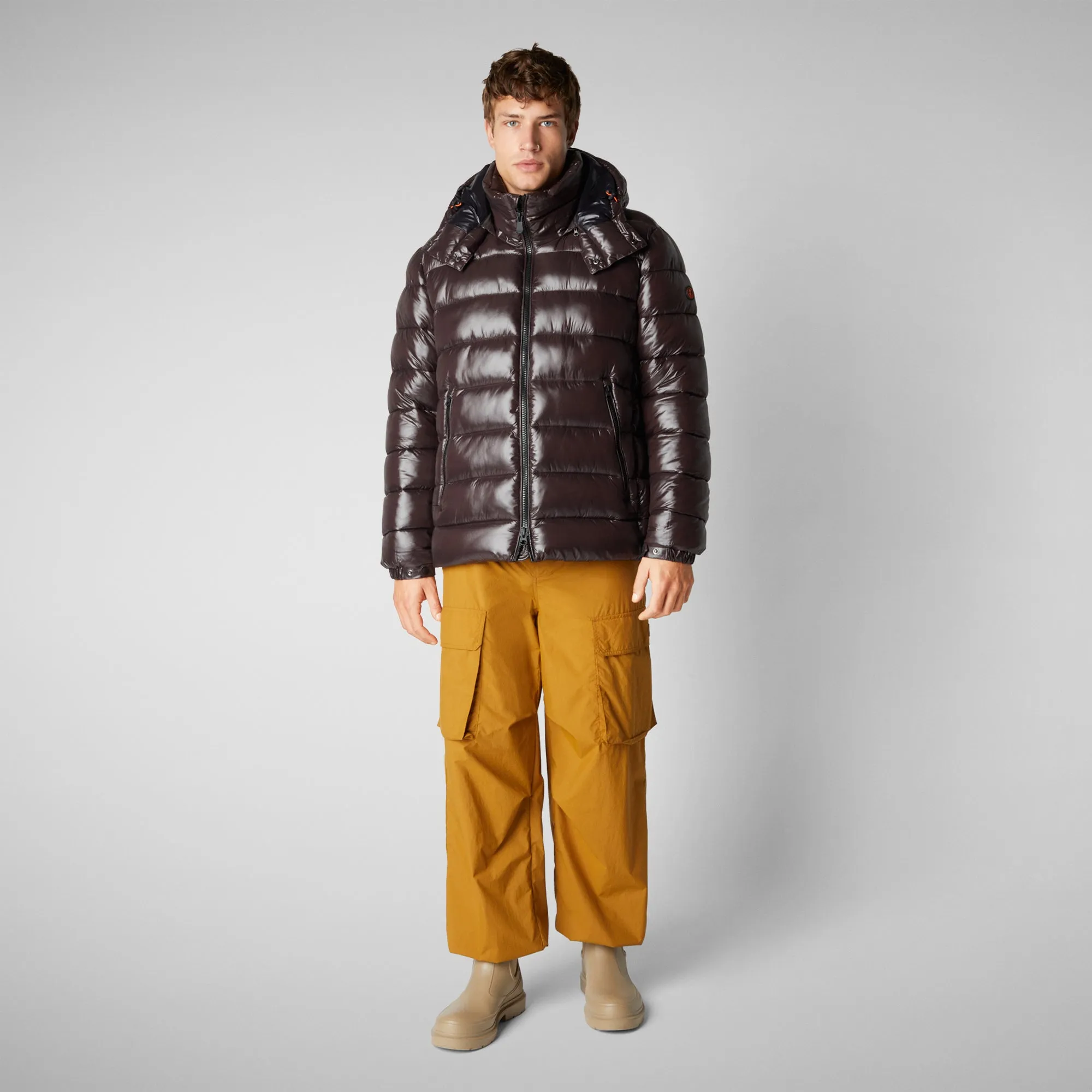 Men's Hooded Animal free Puffer Jacket Florian in Brown Black