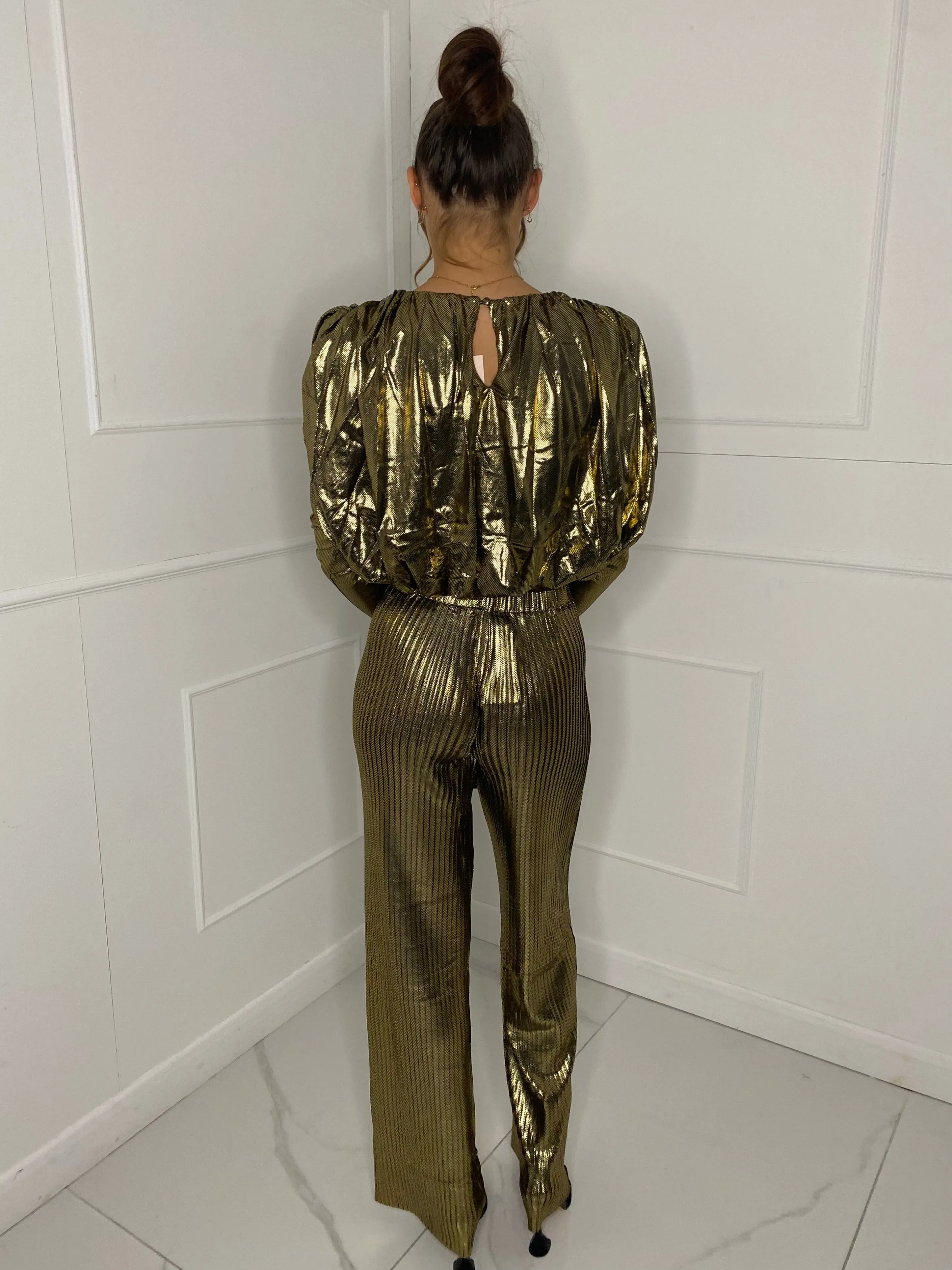 Metallic Look Top & Flares Co-Ord - Gold