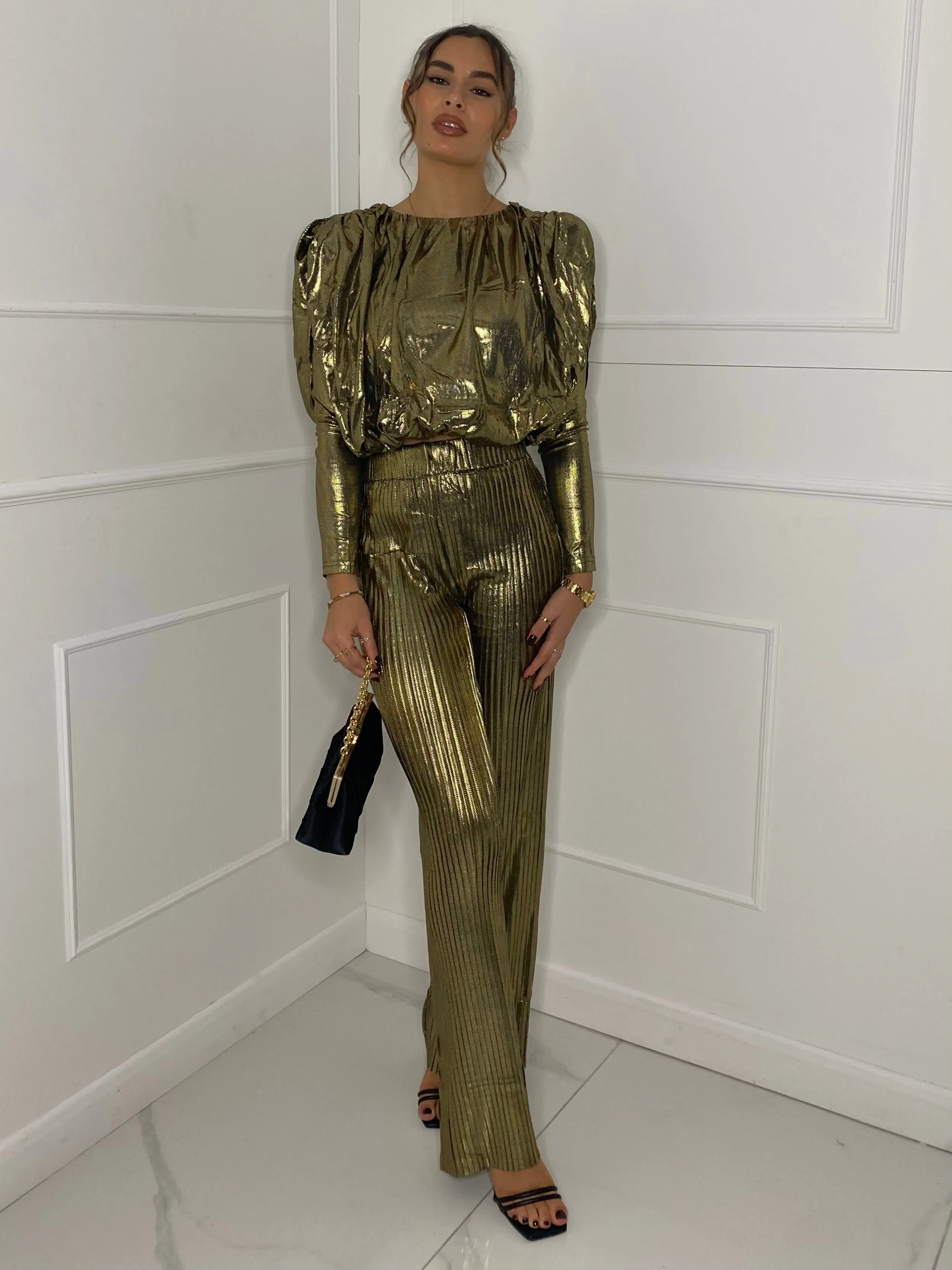 Metallic Look Top & Flares Co-Ord - Gold