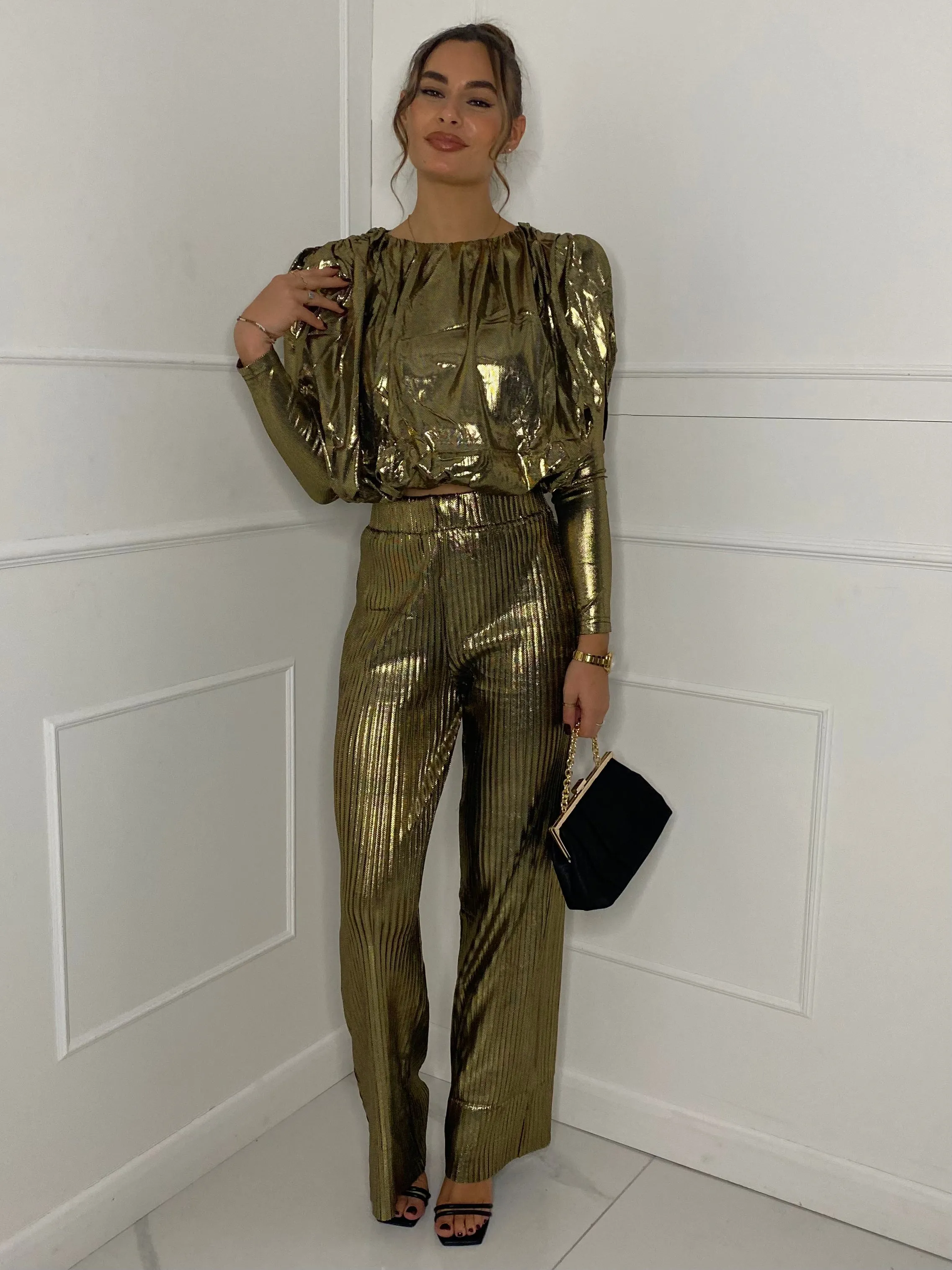 Metallic Look Top & Flares Co-Ord - Gold