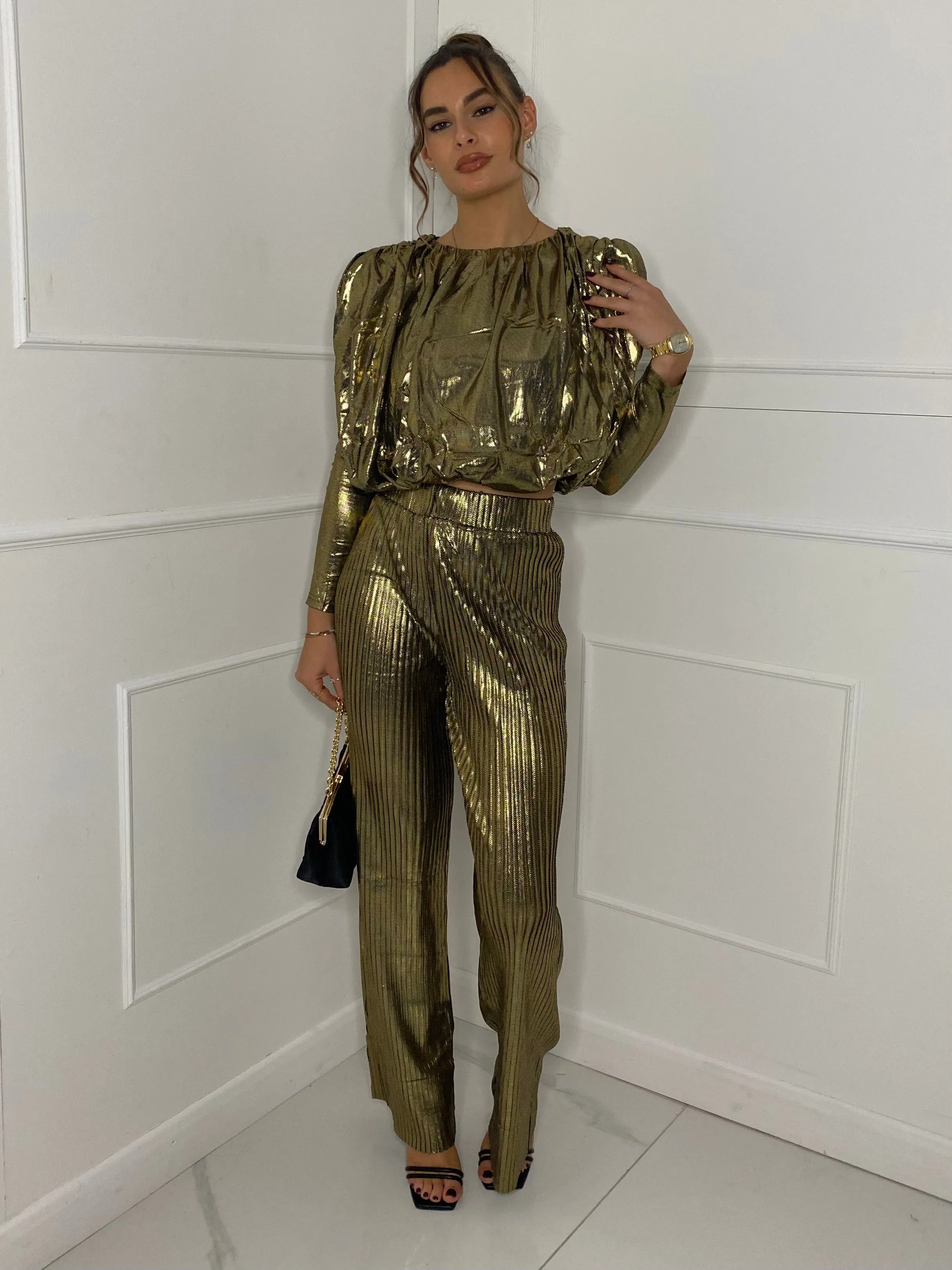 Metallic Look Top & Flares Co-Ord - Gold