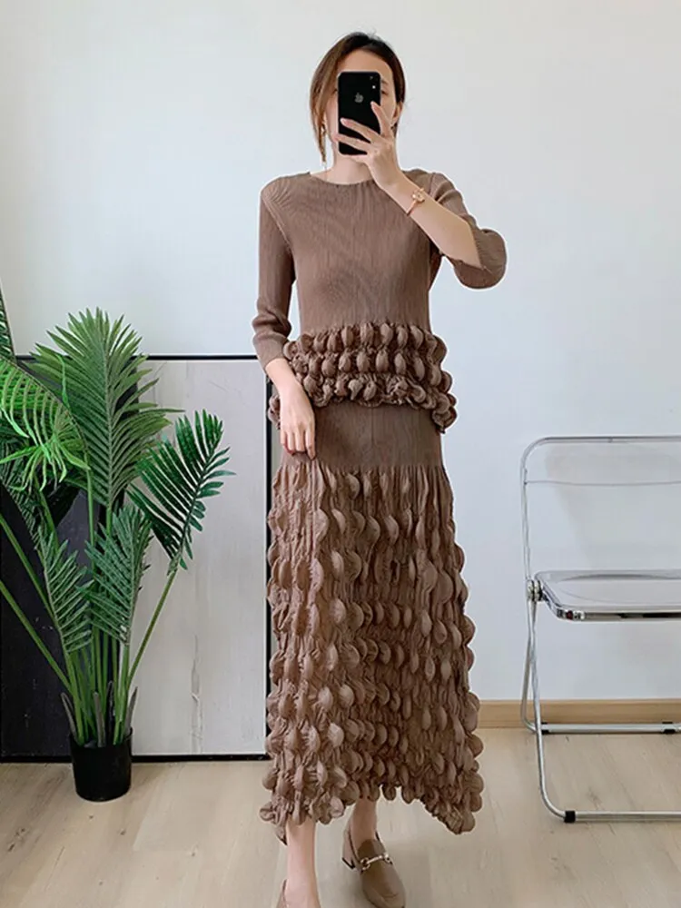 Miyake Pleated Bubble Top and Midi Skirt Set