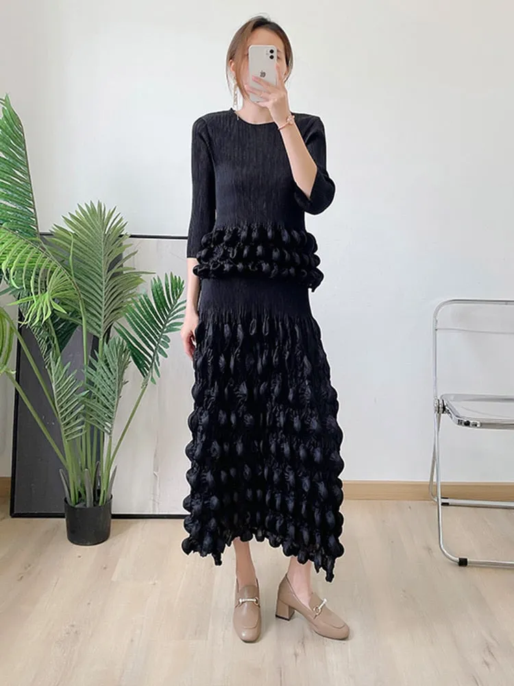 Miyake Pleated Bubble Top and Midi Skirt Set