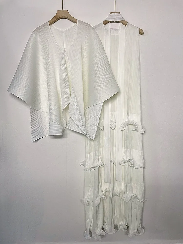 Miyake Pleated Irregular Shawl Top & Tiered Maxi Dress Set