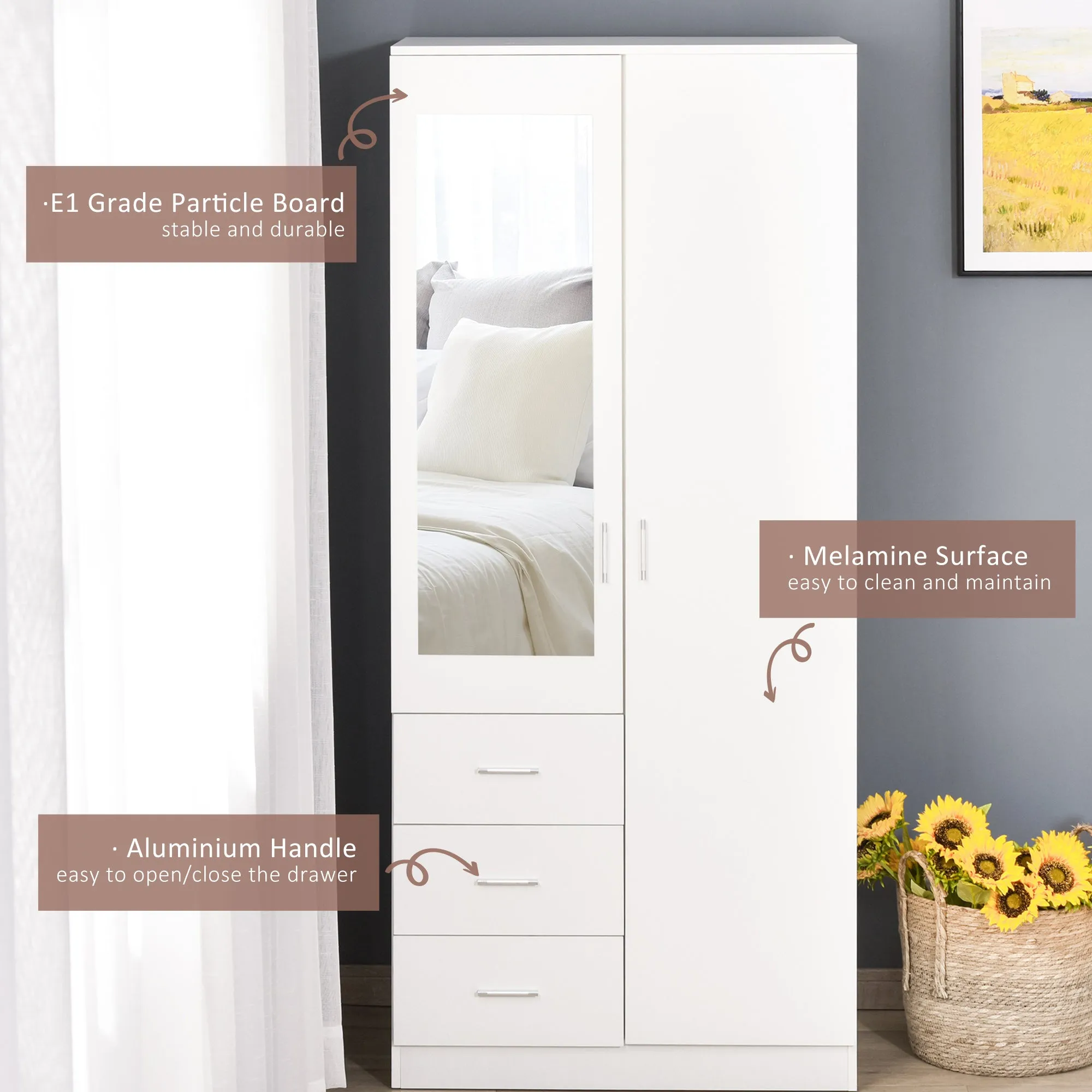 Modern Mirror Wardrobe 2 Door Storage Cupboards Home Storage Organisation Furniture with Adjustable Shelf, 3 Drawers, 80W x 50D x 180Hcm-Whit