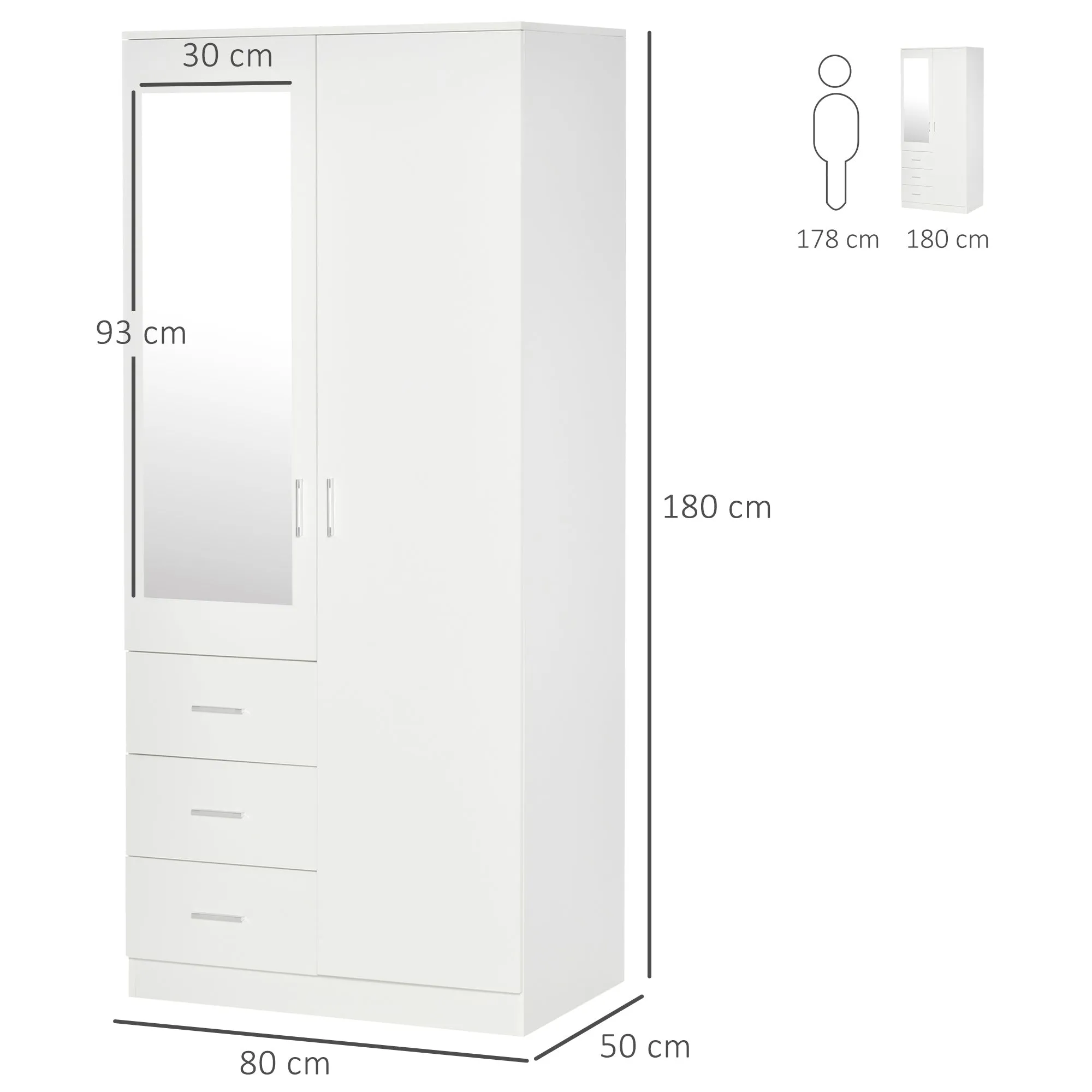 Modern Mirror Wardrobe 2 Door Storage Cupboards Home Storage Organisation Furniture with Adjustable Shelf, 3 Drawers, 80W x 50D x 180Hcm-Whit