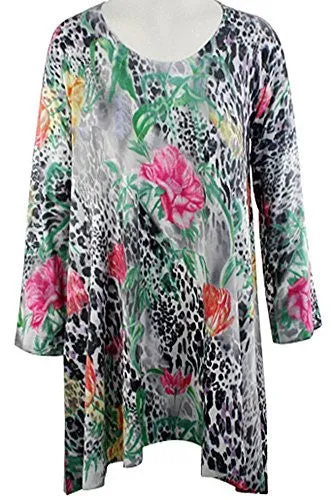 Nally & Millie - Jungle Floral, Scoop Neck Asymmetric Hem Long Sleeve Tunic