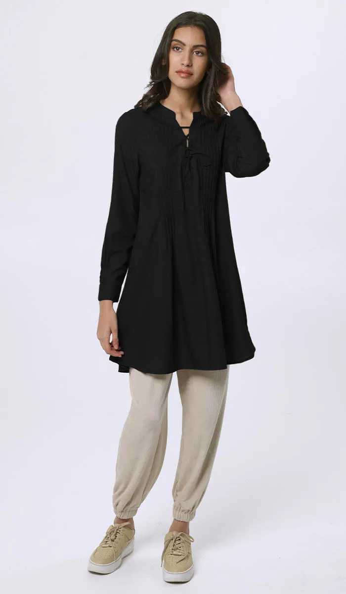 Naseem Pleated Mostly Cotton Tunic Dress - Black