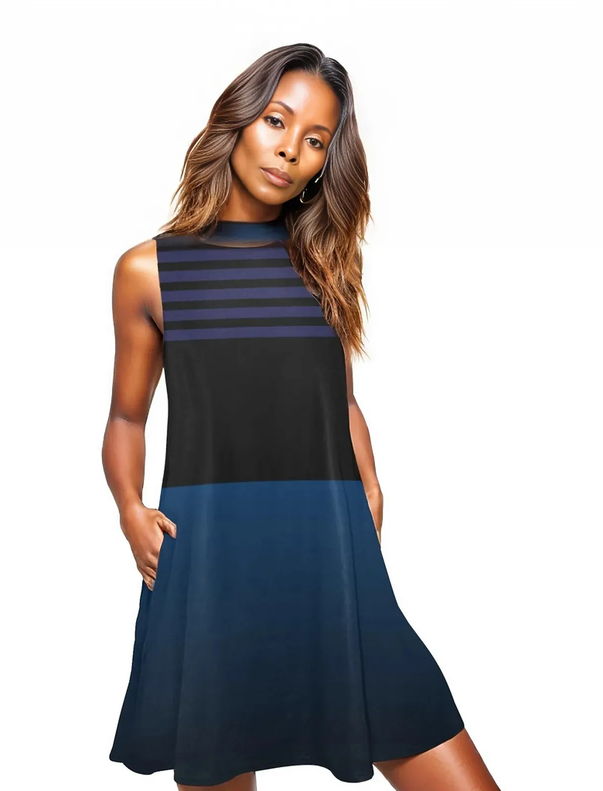 Ombre Striped Women's Sleeveless A-Line Pocket Dress