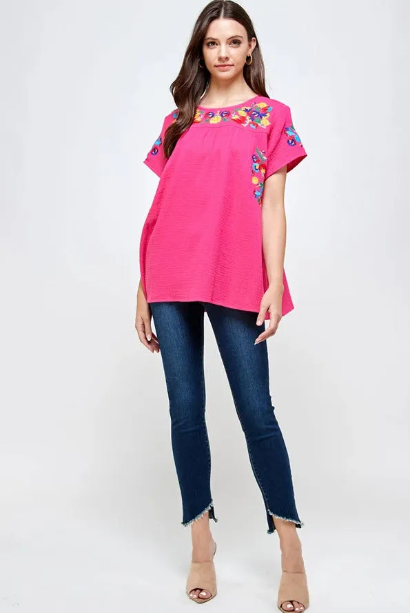 On the Border Embroidered Top, Fuchsia