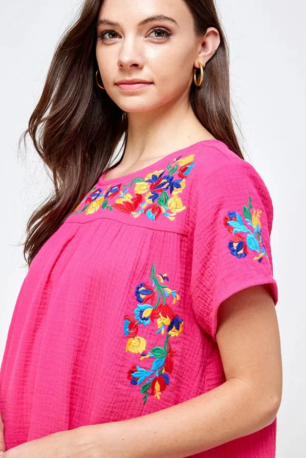 On the Border Embroidered Top, Fuchsia