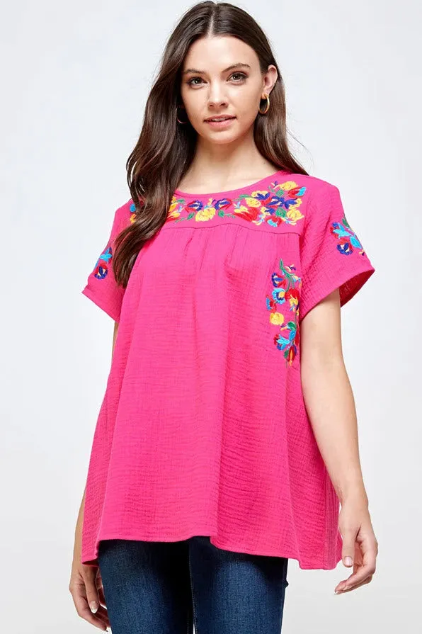 On the Border Embroidered Top, Fuchsia