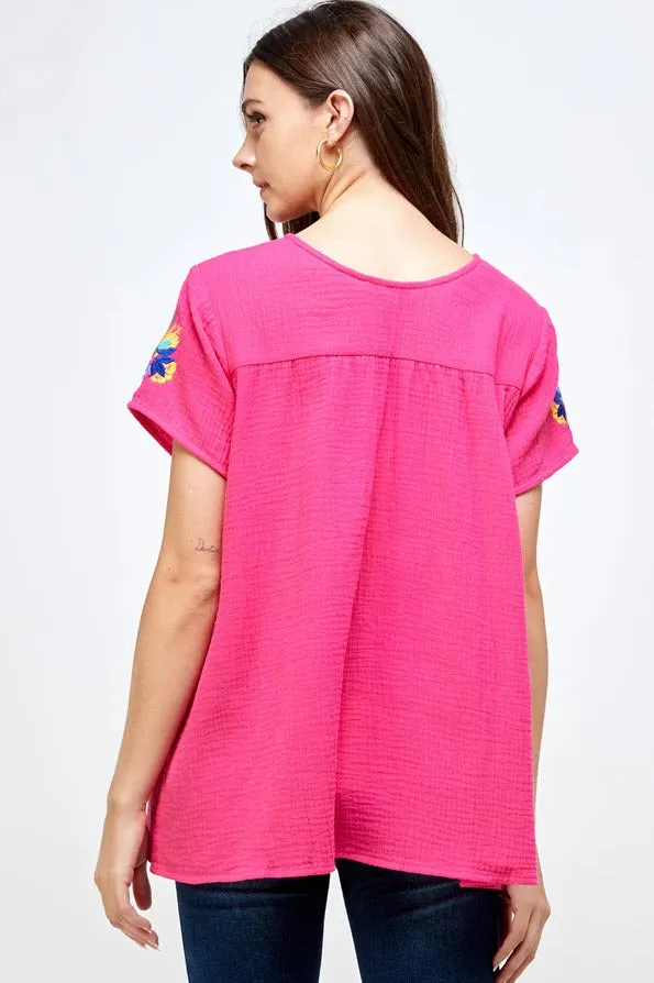 On the Border Embroidered Top, Fuchsia