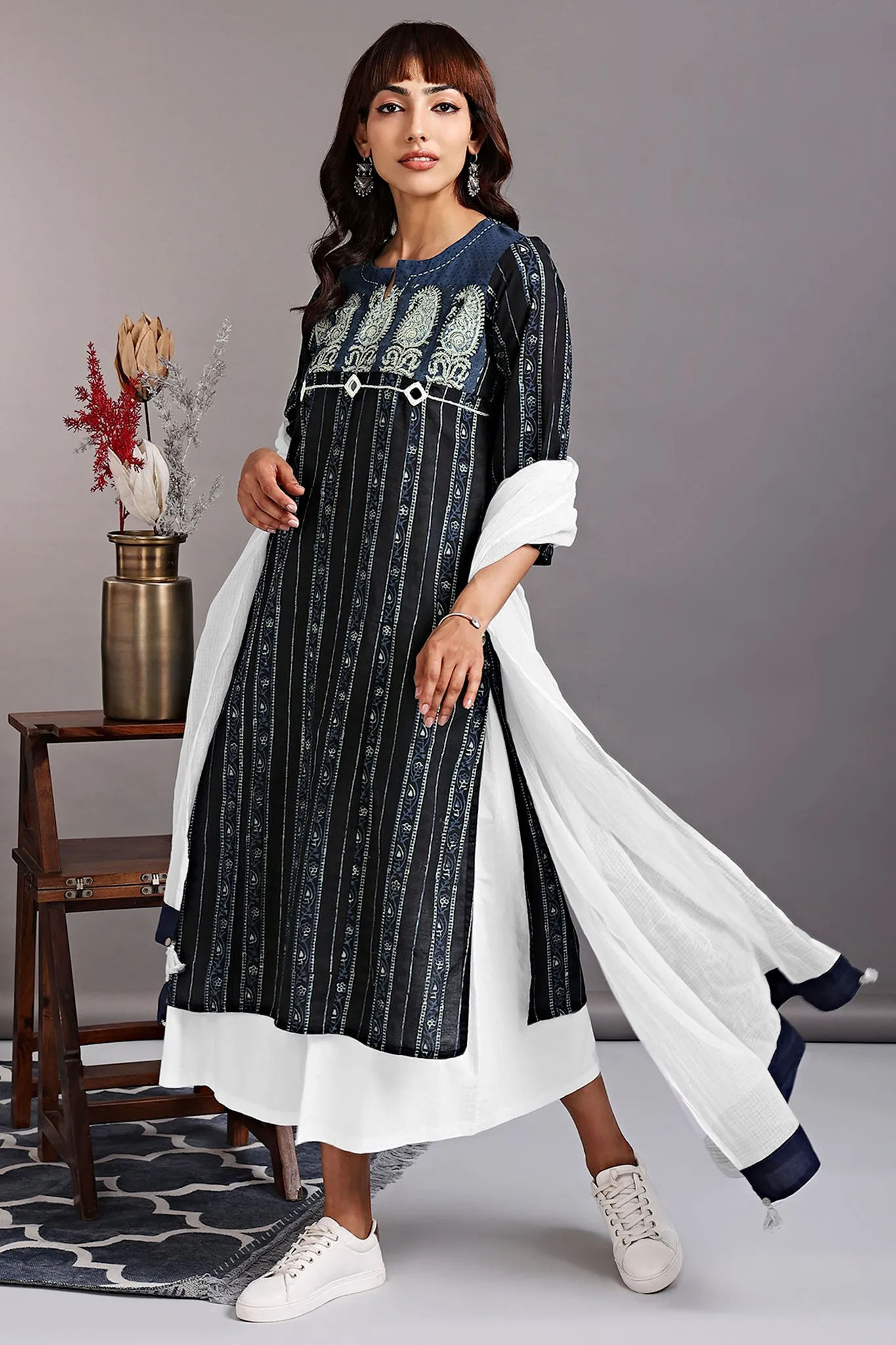 patchwork long kurta - indigo brilliance & bonsai tint