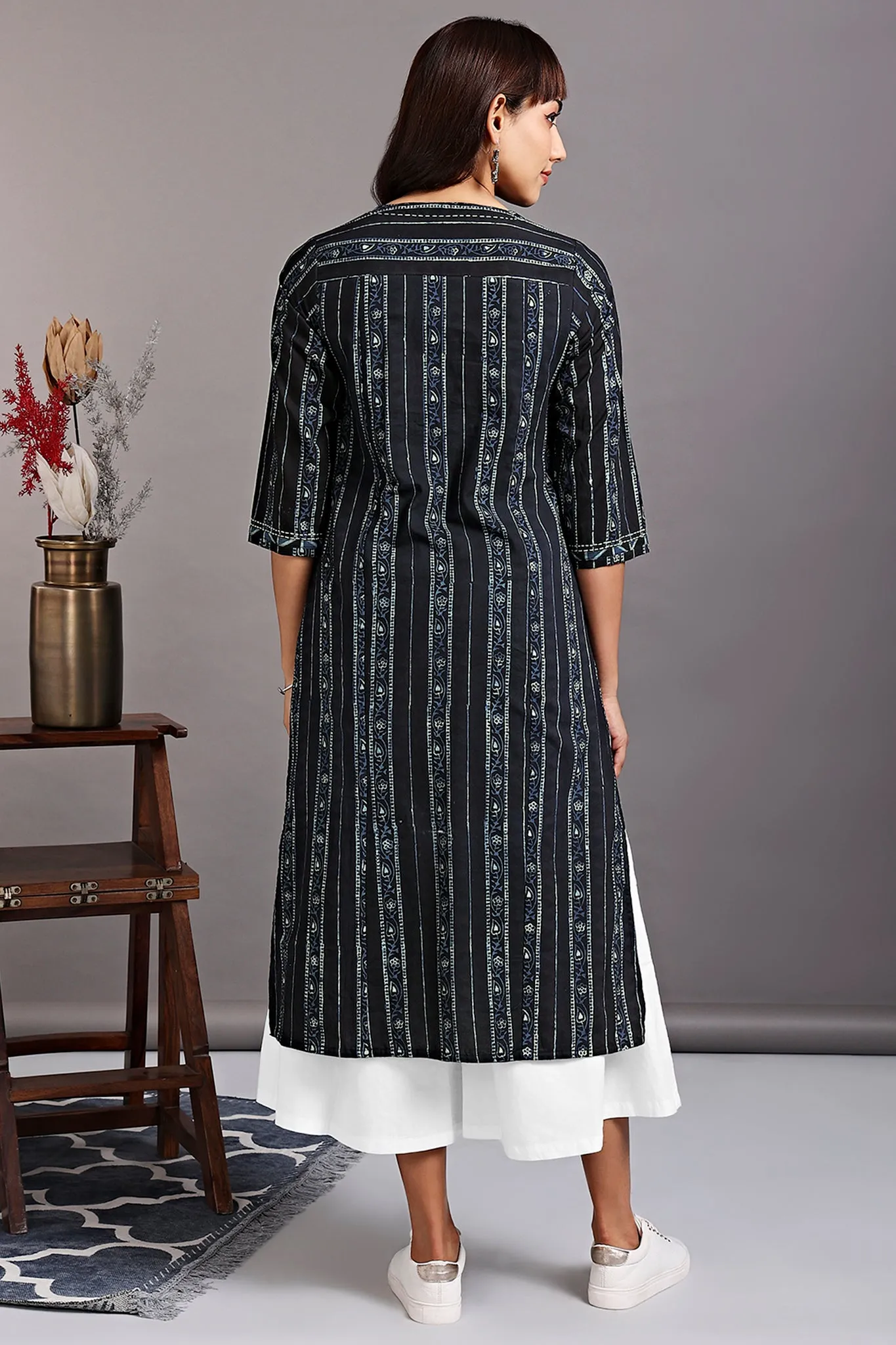 patchwork long kurta - indigo brilliance & bonsai tint