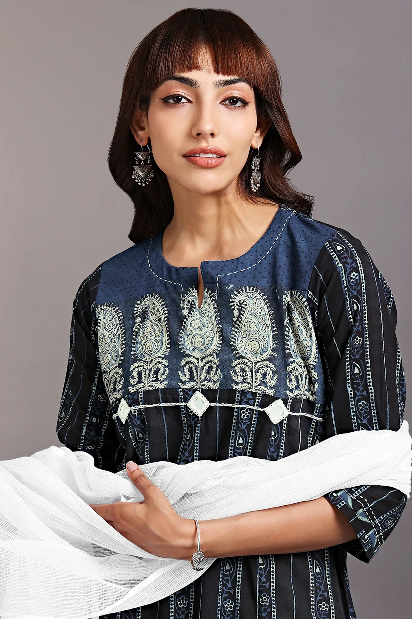 patchwork long kurta - indigo brilliance & bonsai tint