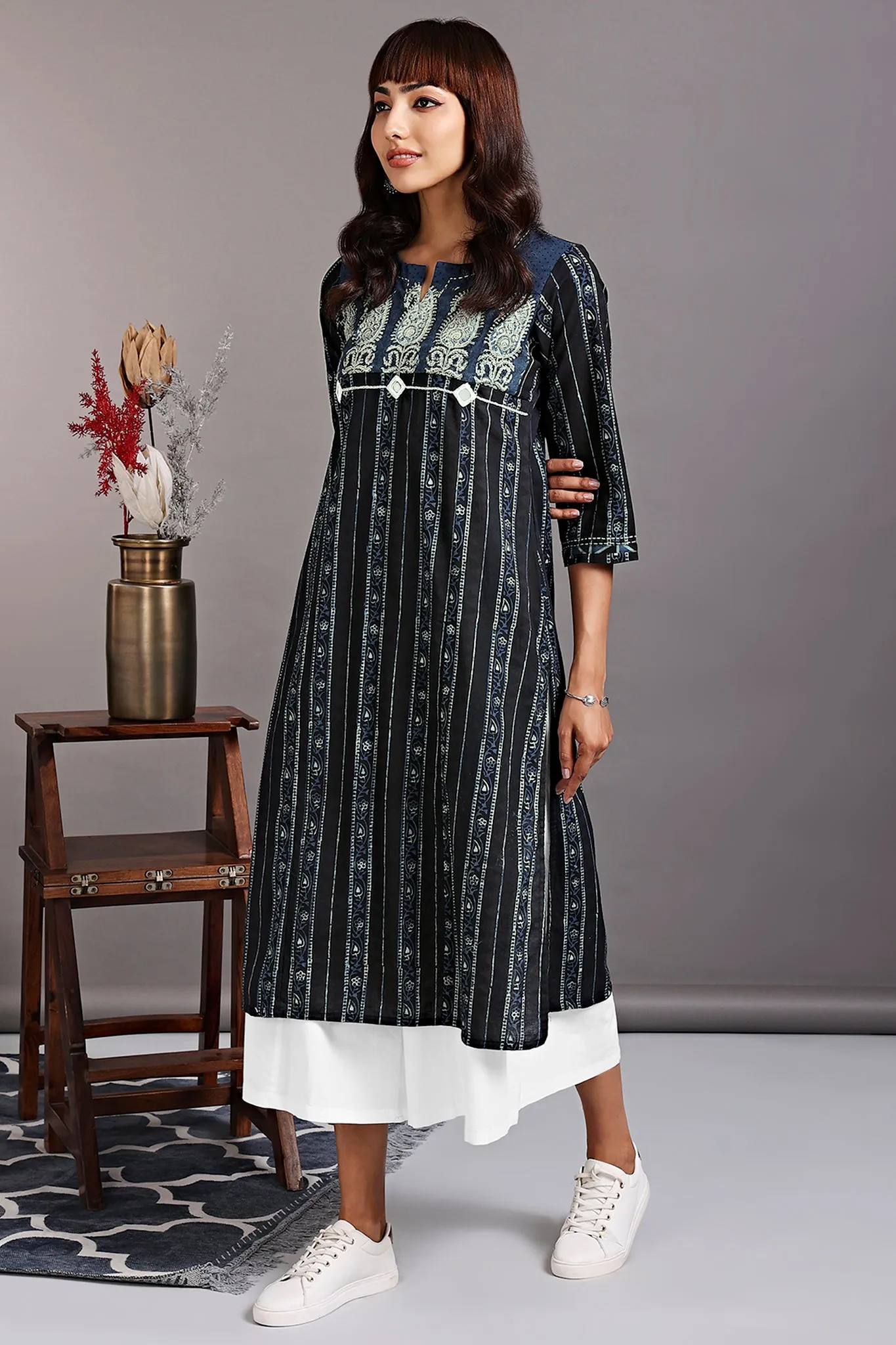 patchwork long kurta - indigo brilliance & bonsai tint